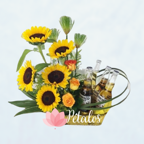 Arreglo con Girasoles, Rosas y Cervesas