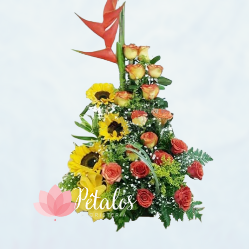 arreglo de rosas con girasoles