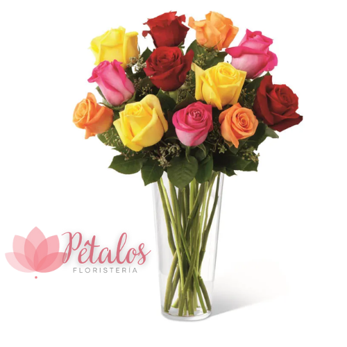 Jarrón con 12 Rosas Arcoiris